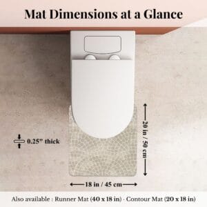 Overhead view of Mosaic Stone contour mat around toilet with dimensions labeled: 18x20 inches, 0.25" thick