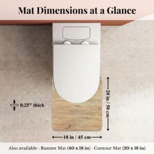 Overhead view of Oak Wood contour mat around toilet with dimensions labeled: 18x20 inches, 0.25" thick
