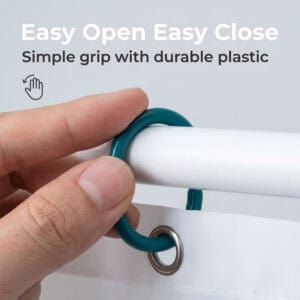 Hand pressing shower hook onto rod showing easy open close mechanism and sturdy plastic construction