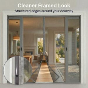 Magnetic screen door with rigid PVC frame structured edges close-up, cleaner framed look on wide sliding patio doors with fiberglass mesh detail