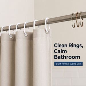 White shower curtain hooks holding beige curtain in calm bathroom environment with clean design