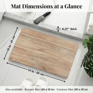 Overhead view of Oak Wood bath mat with dimensions labeled: 24x18 inches, 0.25" thick