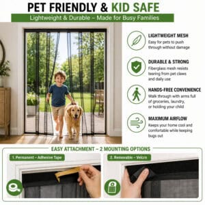 Screen door for high traffic homes – child and dog walk through lightweight fiberglass mesh strips – Evideco