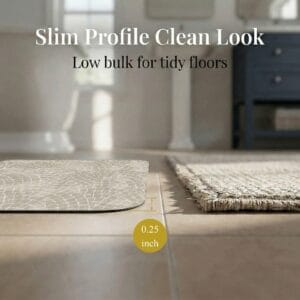 Side profile of Mosaic Stone bath mat showing 0.25 inch slim thickness next to woven rug