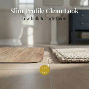 Side profile of Oak Wood bath mat showing 0.25 inch slim thickness next to woven rug