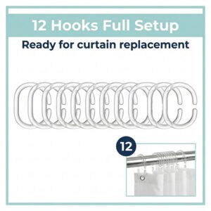 Twelve transparent curtain hooks arranged in full setup with curtain attached on rod