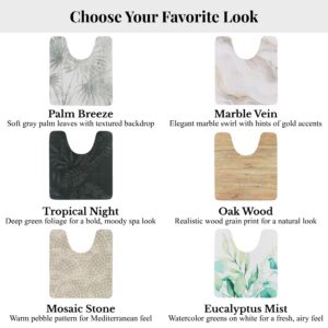 Six contour mat design options: Palm Breeze, Marble Vein, Tropical Night, Oak Wood, Mosaic Stone, Eucalyptus Mist