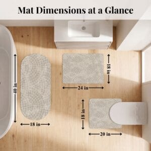 Overhead view of Mosaic Stone 3-piece bath mat set arranged in bathroom with dimensions: runner 40x18 in, bath mat 24x18 in, contour 20x18 in