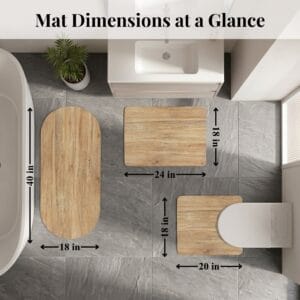 Overhead view of Oak Wood 3-piece bath mat set arranged in bathroom with dimensions: runner 40x18 in, bath mat 24x18 in, contour 20x18 in