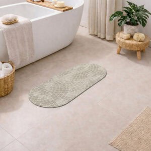 Mosaic Stone oval bath mat runner styled in minimalist bathroom with freestanding tub and plants