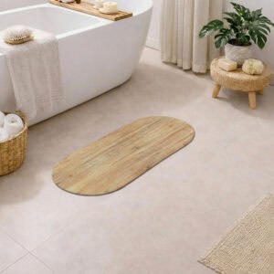 Oak Wood oval bath mat runner styled in minimalist bathroom with freestanding tub and plants