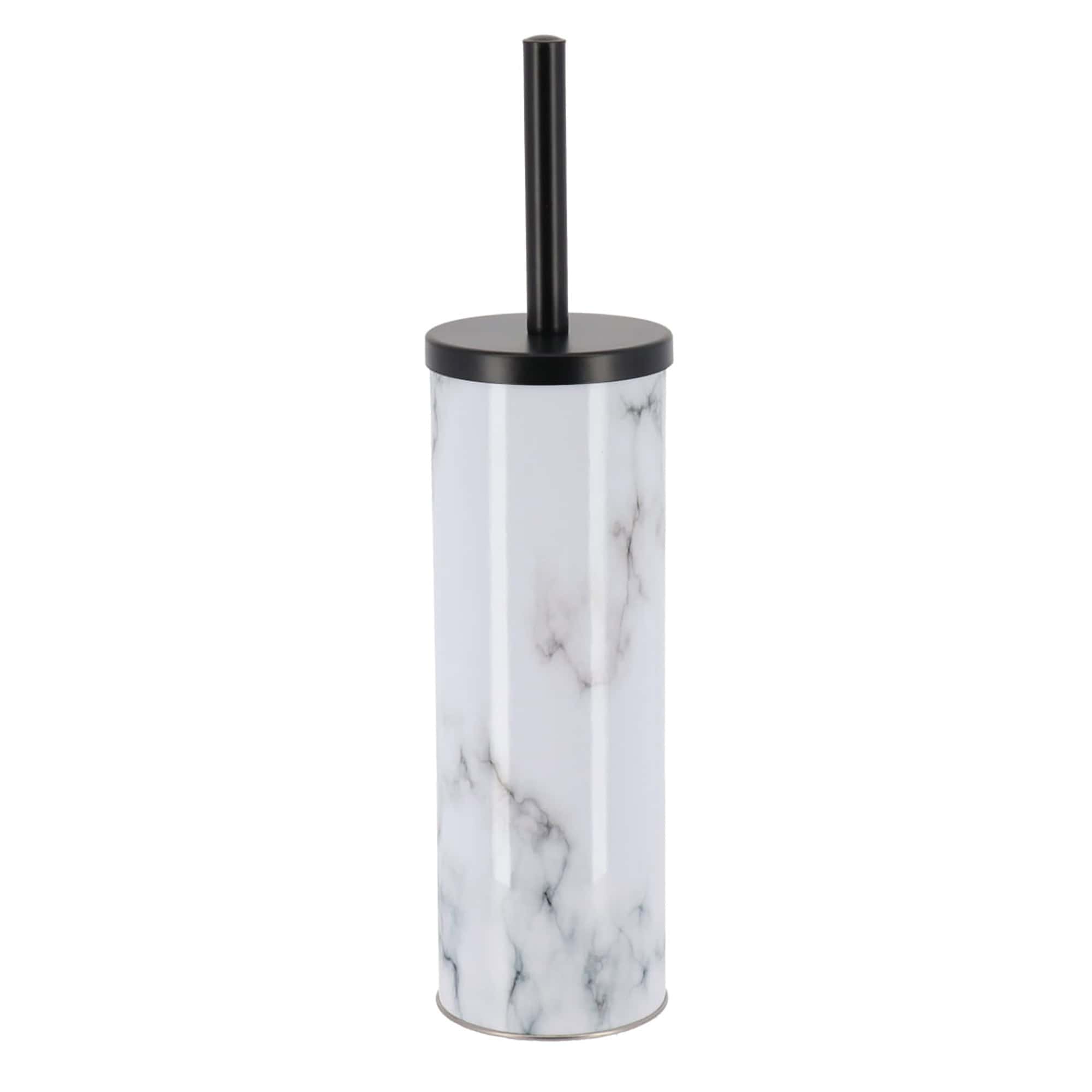 White marble look toilet brush holder with matte black lid and handle, slim cylindrical canister on a white background for a modern bathroom.
