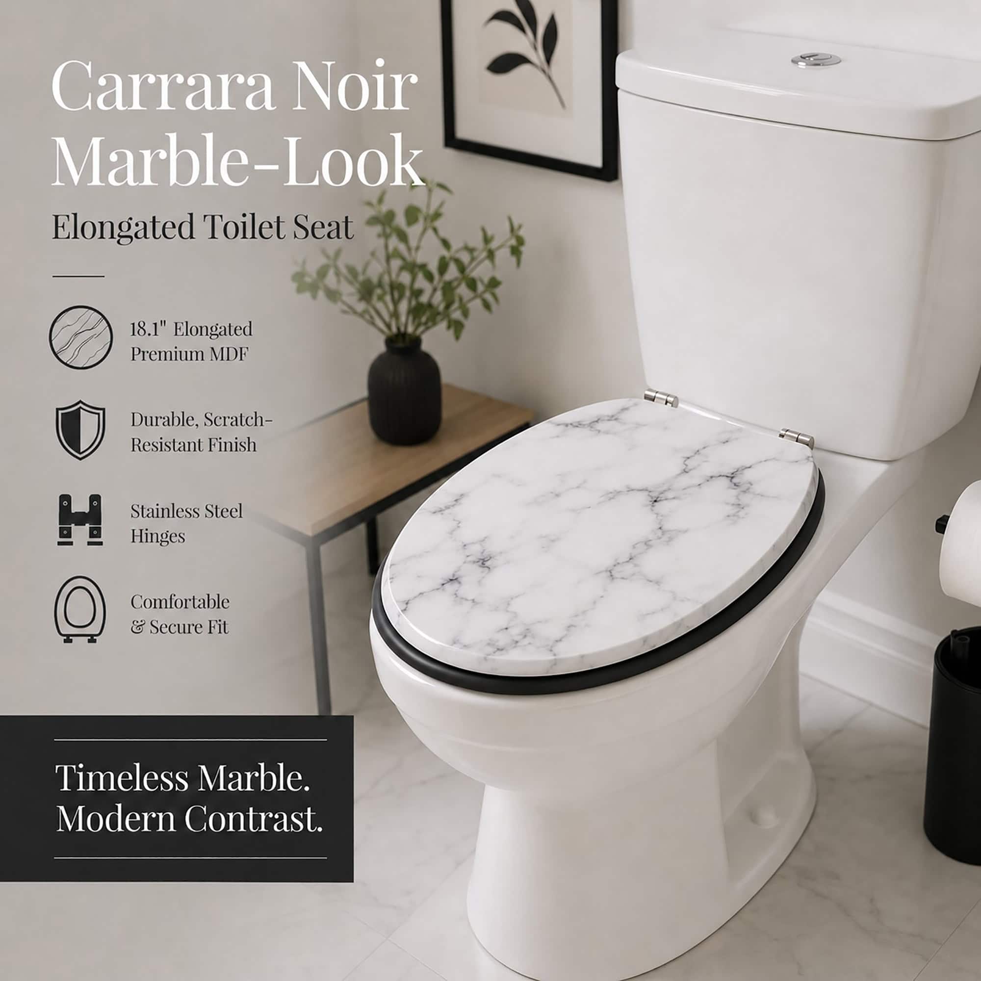 Marble look elongated toilet seat made of premium MDF with scratch resistant finish, stainless steel hinges, and a comfortable secure fit in a styled bathroom.