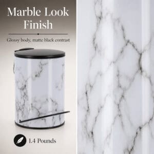 Closeup of glossy Carrara style marble finish on a three liter step trash can, lightweight bin weighing one point four pounds with matte black contrast lid.