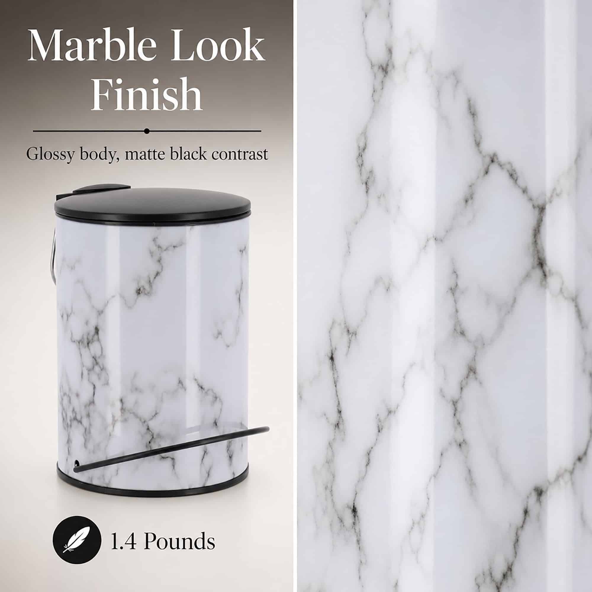 Closeup of glossy Carrara style marble finish on a three liter step trash can, lightweight bin weighing one point four pounds with matte black contrast lid.