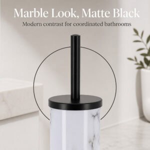 Closeup of a marble look toilet brush canister with matte black lid and handle, glossy white body with grey veining for coordinated bathroom decor.