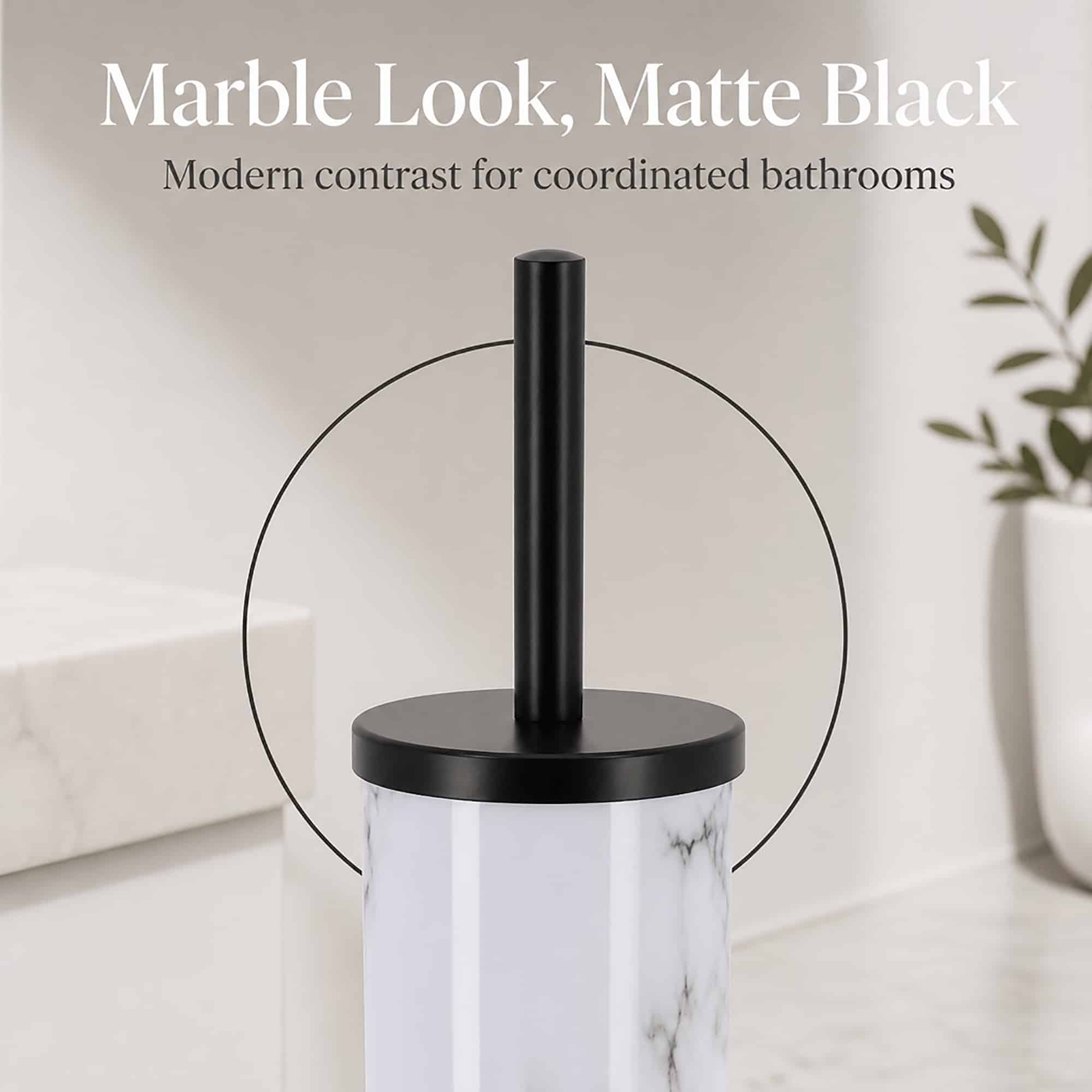 Closeup of a marble look toilet brush canister with matte black lid and handle, glossy white body with grey veining for coordinated bathroom decor.