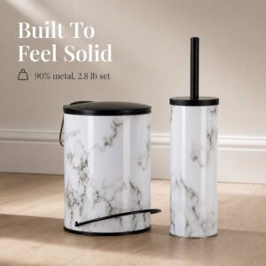 Marble look step trash can and toilet brush holder built mostly from metal, a solid feeling two piece set weighing two point eight pounds together.