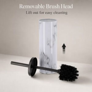 White marble toilet brush caddy with the black brush lifted out and laid in front, removable head that pulls up for quick and easy cleaning.