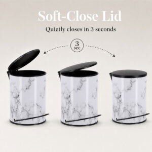 Three position sequence showing the soft close lid on a marble step trash can quietly lowering shut in three seconds without slamming or noise.