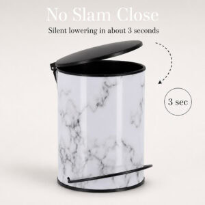 Marble step trash can with the black lid lowering slowly and quietly in about three seconds, soft close pedal bin that closes without slamming.