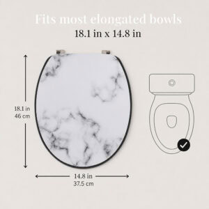 Marble look toilet seat measuring eighteen point one inches long and fourteen point eight inches wide, sized to fit most elongated bowls with a fit diagram.