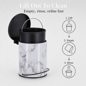 White marble step trash can open with the black inner bucket lifted out by its wire handle, easy to empty rinse and reline in three steps.