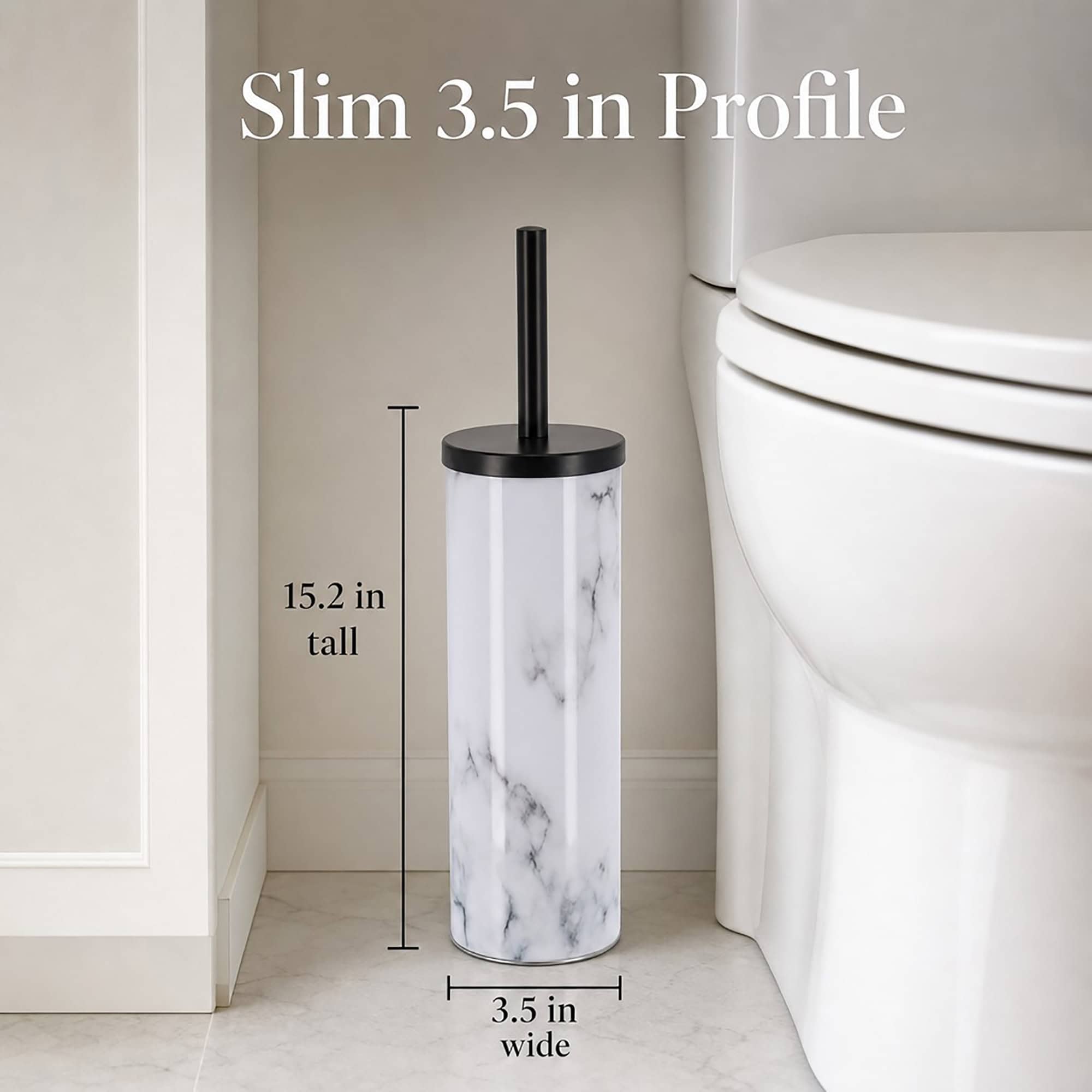 Slim marble look toilet brush holder measuring fifteen point two inches tall and three point five inches wide, narrow profile that fits tight bathroom corners.