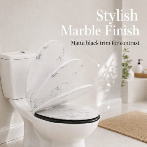 Elongated toilet seat in glossy white marble look with matte black trim for contrast, lid shown lowering in three positions above a white toilet.