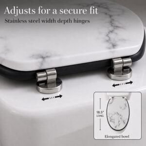 Closeup of brushed stainless steel top mount hinges on a marble toilet seat that adjust for width and depth to give a secure fit on elongated bowls.