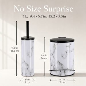 Marble bathroom set dimensions, the three liter trash can stands nine point four inches tall and the brush holder fifteen point two inches tall.