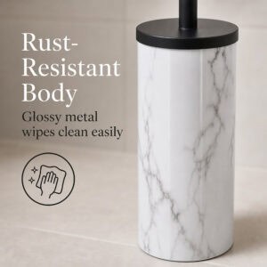 Closeup of a glossy marble look toilet brush canister with rust resistant metal body and matte black lid, wipes clean easily in a humid bathroom.