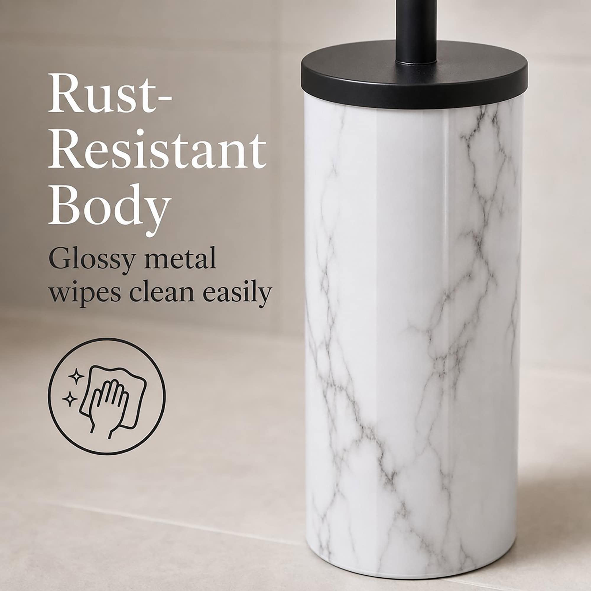 Closeup of a glossy marble look toilet brush canister with rust resistant metal body and matte black lid, wipes clean easily in a humid bathroom.