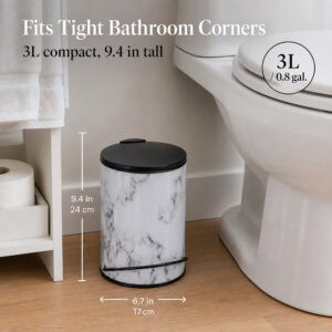 Slim white marble bathroom trash can measuring nine point four inches tall and six point seven inches wide, three liter capacity that fits tight corners beside the toilet.