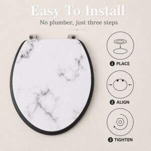 Three step install guide for the marble toilet seat, place it on the bowl, align the hinges over the holes, and tighten the fittings, no plumber needed.