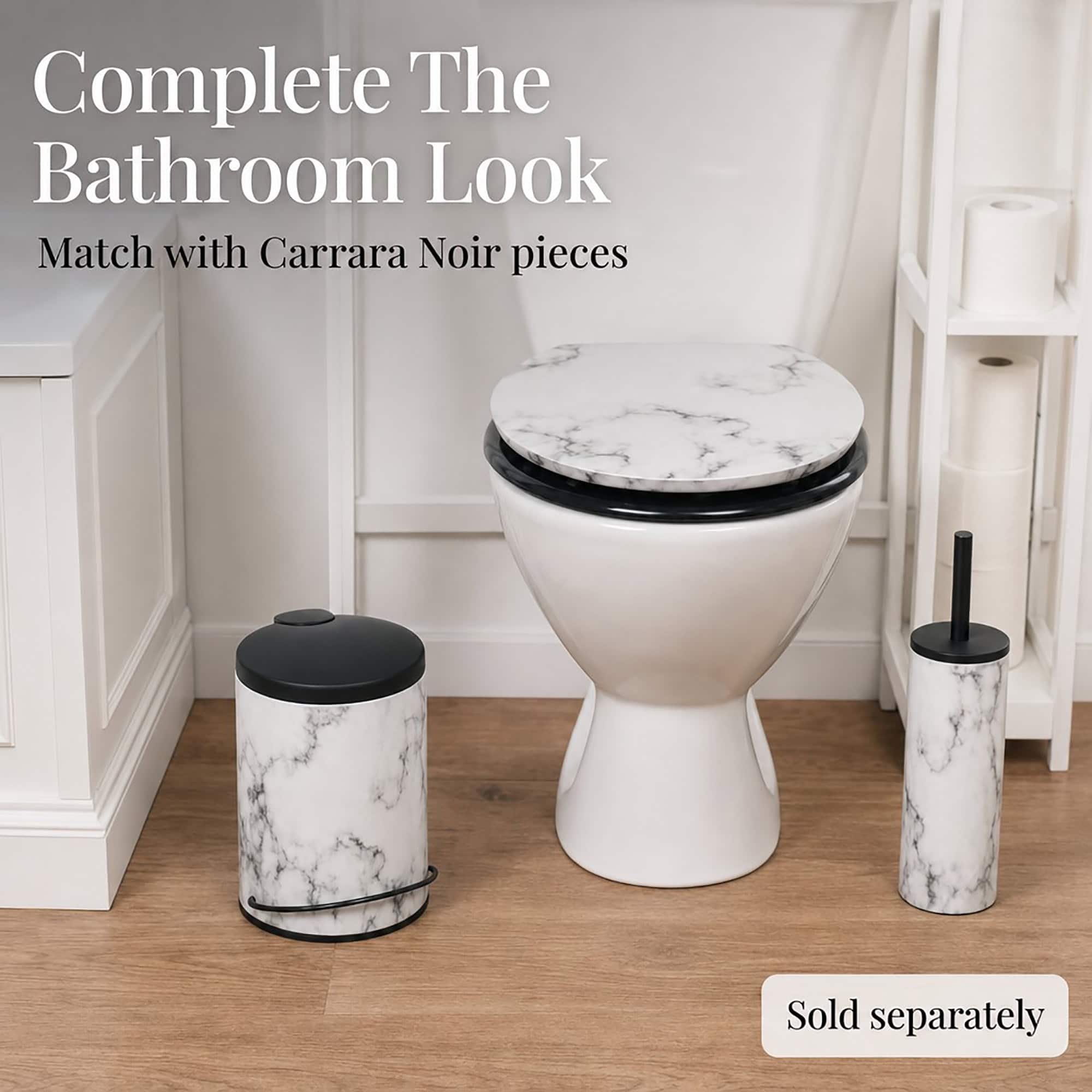Coordinated marble bathroom set with a matching step trash can and toilet brush holder around a marble toilet seat, Carrara Noir pieces sold separately.