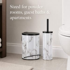 Marble step trash can and toilet brush holder beside a toilet, a compact two piece set sized for powder rooms, guest baths, and apartments.