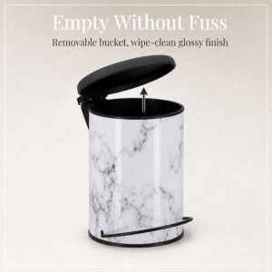 Marble step trash can with the lid open and inner bucket lifting out, removable liner and wipe clean glossy body that empties without fuss.