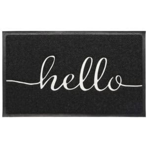 Black PVC hello doormat 30x18 inches with white cursive script, looped coil scraping surface and rubber border, indoor outdoor use