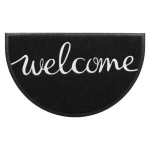 Black semi-circle welcome doormat with white cursive script lettering, 30 by 18 inches, made of recycled PVC with non-slip backing for front door entry