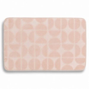 Blush pink memory foam bath mat with embossed half-circle pattern, rectangular shape 19.7 x 31.5 inches (50 x 80 cm), plush velvet finish, OEKO-TEX certified