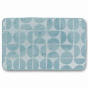 Light blue memory foam bath mat with embossed half-circle pattern, rectangular shape 19.7 x 31.5 inches (50 x 80 cm), plush velvet finish, OEKO-TEX certified