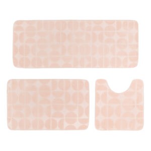 Blush pink 3-piece memory foam bath rug set with bath mat, contour rug and runner, embossed half-circle pattern.