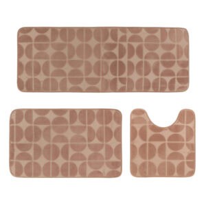 Caramel 3-piece memory foam bath rug set with bath mat, contour rug and runner, embossed half-circle pattern.