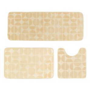 Cream 3-piece memory foam bath rug set with bath mat, contour rug and runner, embossed half-circle pattern.