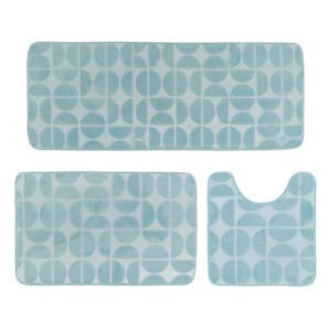 Light blue 3-piece memory foam bath rug set with bath mat, contour rug and runner, embossed half-circle pattern.