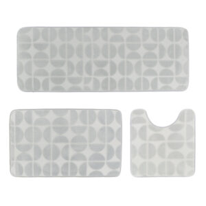 Light gray 3-piece memory foam bath rug set with bath mat, contour rug and runner, embossed half-circle pattern.