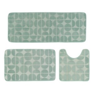 Sage green 3-piece memory foam bath rug set with bath mat, contour rug and runner, embossed half-circle pattern.