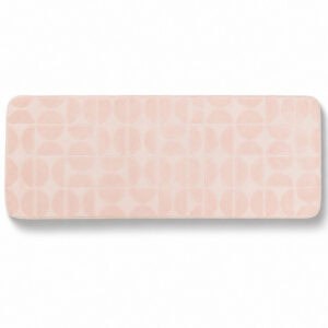 Blush pink memory foam bathroom runner with embossed half-circle pattern, long narrow design 17.7 x 47.2 inches (45 x 120 cm), plush velvet finish, OEKO-TEX certified