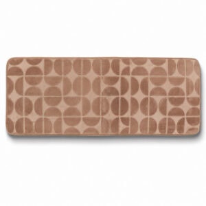 Caramel memory foam bathroom runner with embossed half-circle pattern, long narrow design 17.7 x 47.2 inches (45 x 120 cm), plush velvet finish, OEKO-TEX certified